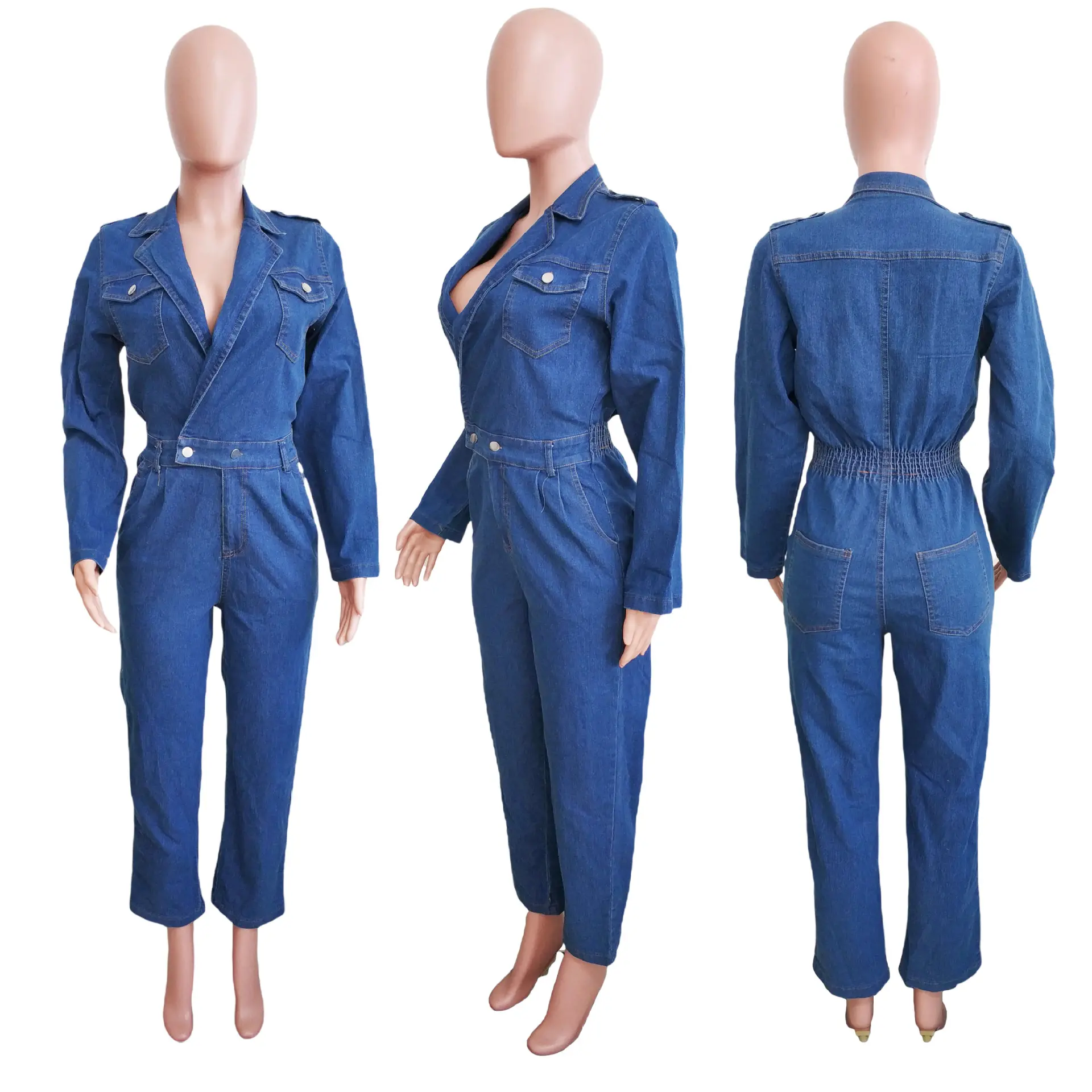 Demin Overalls Women Jumpsuits One Piece Long Pants Turn Down Collar High Waist Streetwear Y2k Mom Jeans Slim Fit Rompers