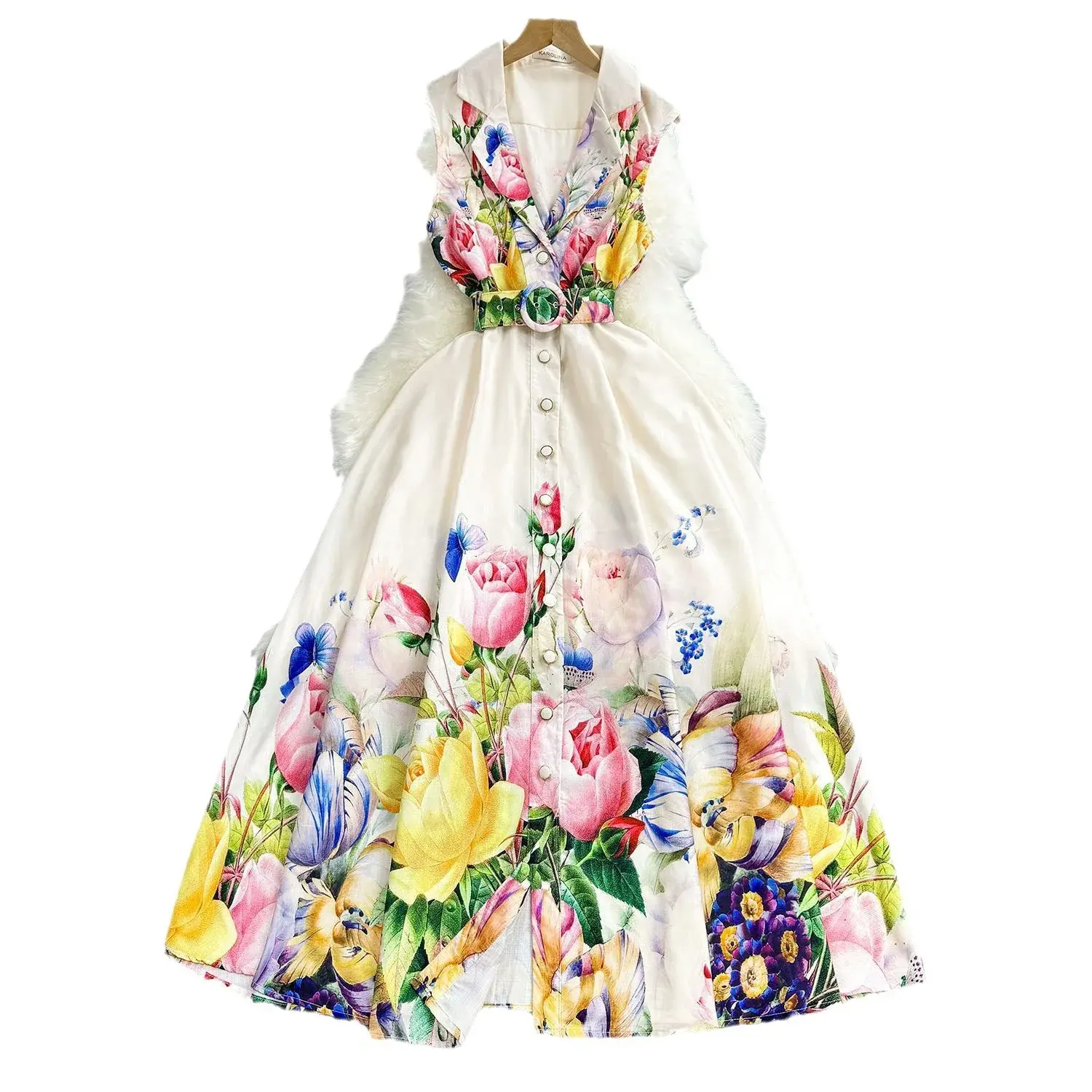 Print Dress Women Long Dresses Sleeveless Single Breasted Ankle Length Vestidos Loose Maxi High Street Turn Down Collar Party