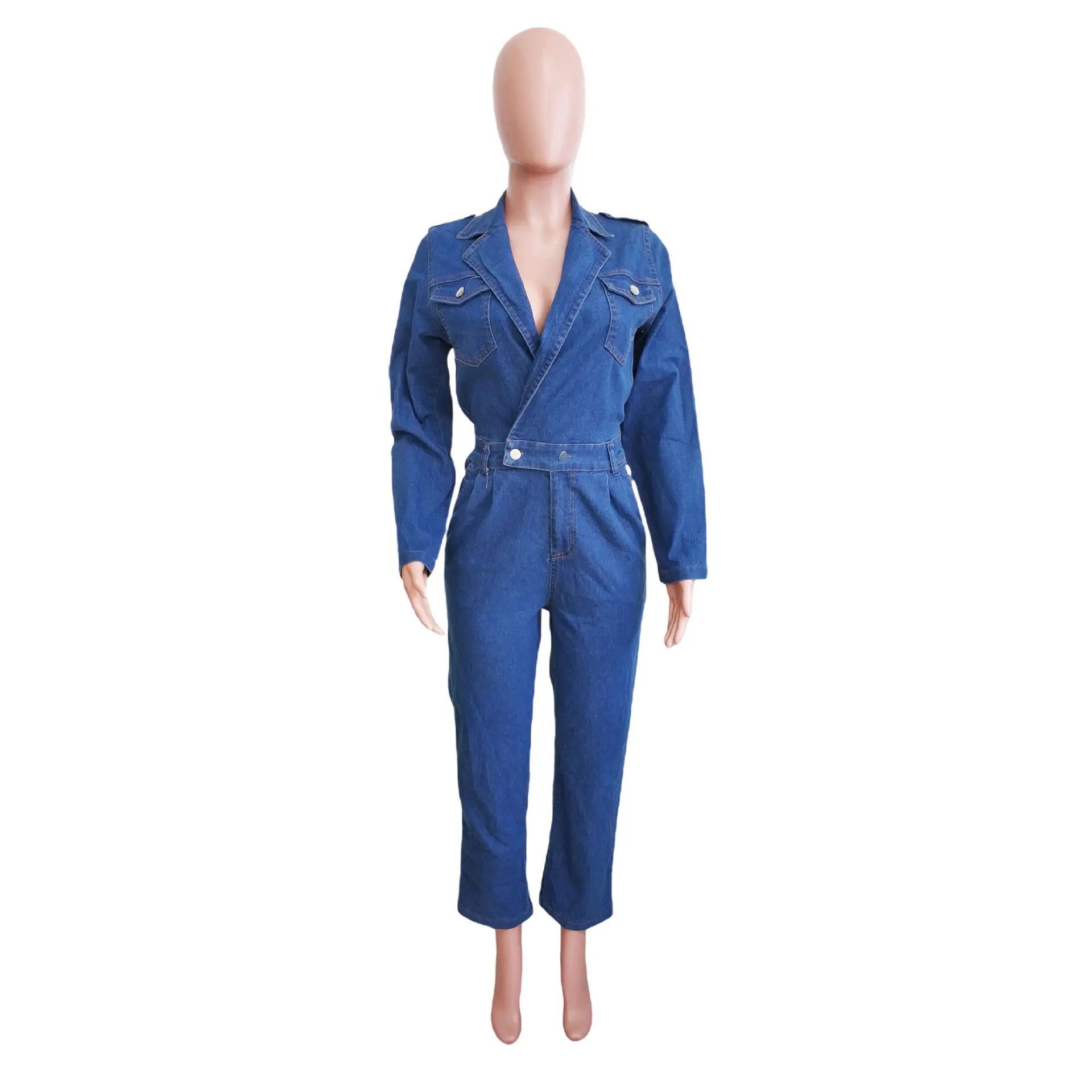 Demin Overalls Women Jumpsuits One Piece Long Pants Turn Down Collar High Waist Streetwear Y2k Mom Jeans Slim Fit Rompers