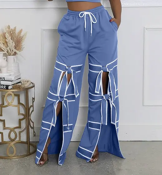 Long Pant Women Jeans Wide Leg Pants Casual High Waist Straight Trousers Y2k Streetwear Elegant Splice Lace Up Work 2025