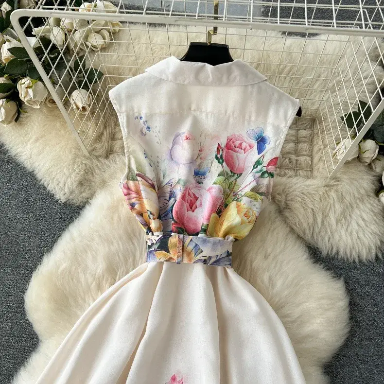 Print Dress Women Long Dresses Sleeveless Single Breasted Ankle Length Vestidos Loose Maxi High Street Turn Down Collar Party