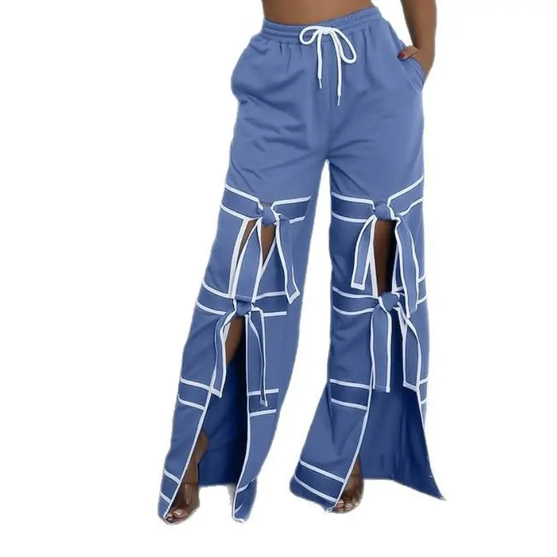Long Pant Women Jeans Wide Leg Pants Casual High Waist Straight Trousers Y2k Streetwear Elegant Splice Lace Up Work 2025