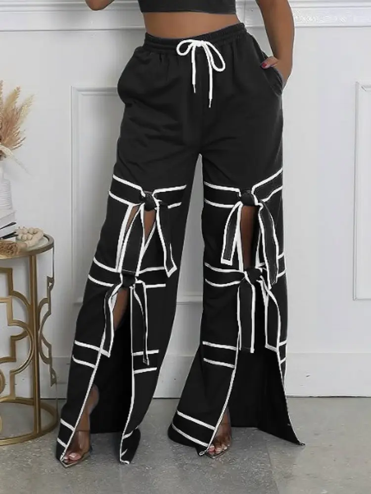 Long Pant Women Jeans Wide Leg Pants Casual High Waist Straight Trousers Y2k Streetwear Elegant Splice Lace Up Work 2025