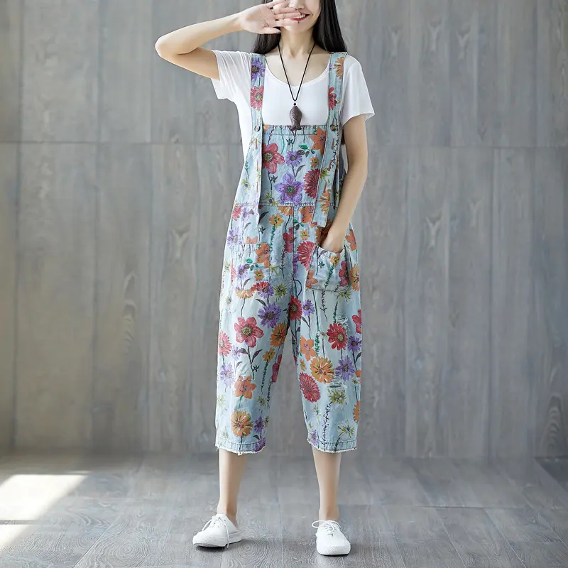 Print Jeans Overalls Washed Spliced Wide Leg Denim Pants Mid Waist Ankle Length Distressed Jean Pockets Streetwear Loose