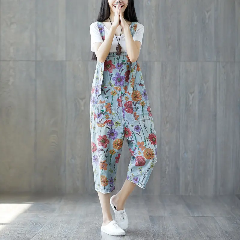 Print Jeans Overalls Washed Spliced Wide Leg Denim Pants Mid Waist Ankle Length Distressed Jean Pockets Streetwear Loose