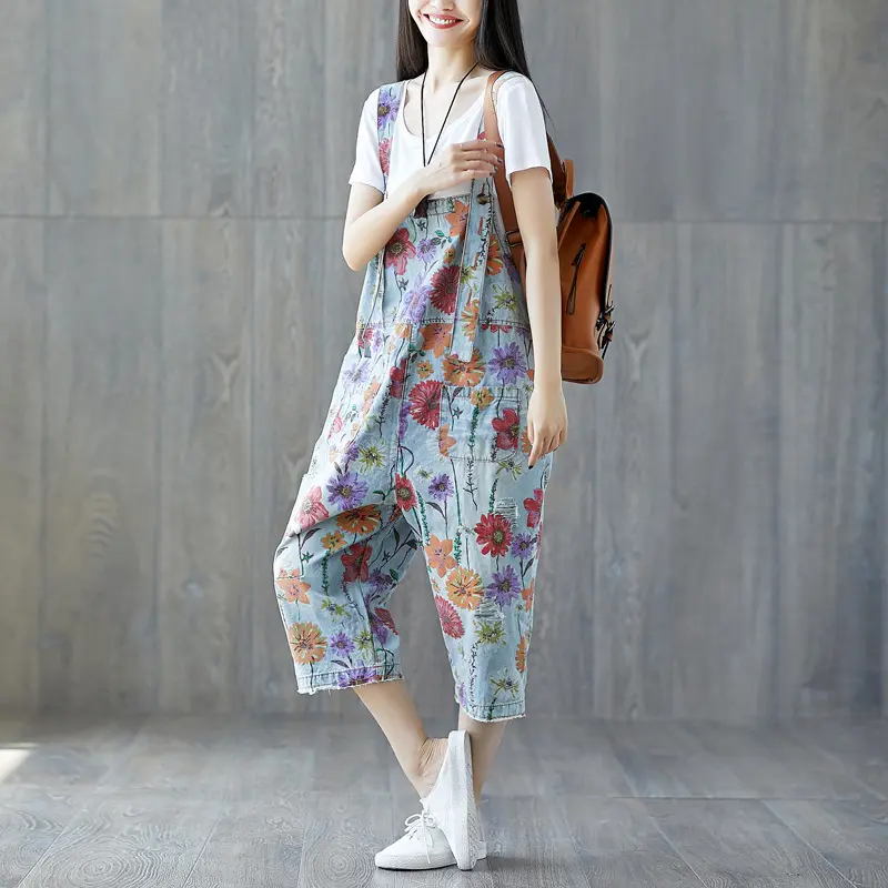 Print Jeans Overalls Washed Spliced Wide Leg Denim Pants Mid Waist Ankle Length Distressed Jean Pockets Streetwear Loose