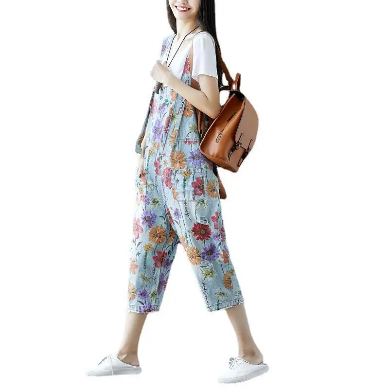 Print Jeans Overalls Washed Spliced Wide Leg Denim Pants Mid Waist Ankle Length Distressed Jean Pockets Streetwear Loose