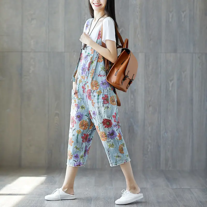 Print Jeans Overalls Washed Spliced Wide Leg Denim Pants Mid Waist Ankle Length Distressed Jean Pockets Streetwear Loose
