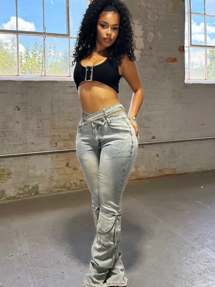 Denim Pant Jeans Women Long Pants Zipper High Waist Slim Fit Trousers Y2k Streetwear Splice Bodycon Mom Jeans Casual Club Party