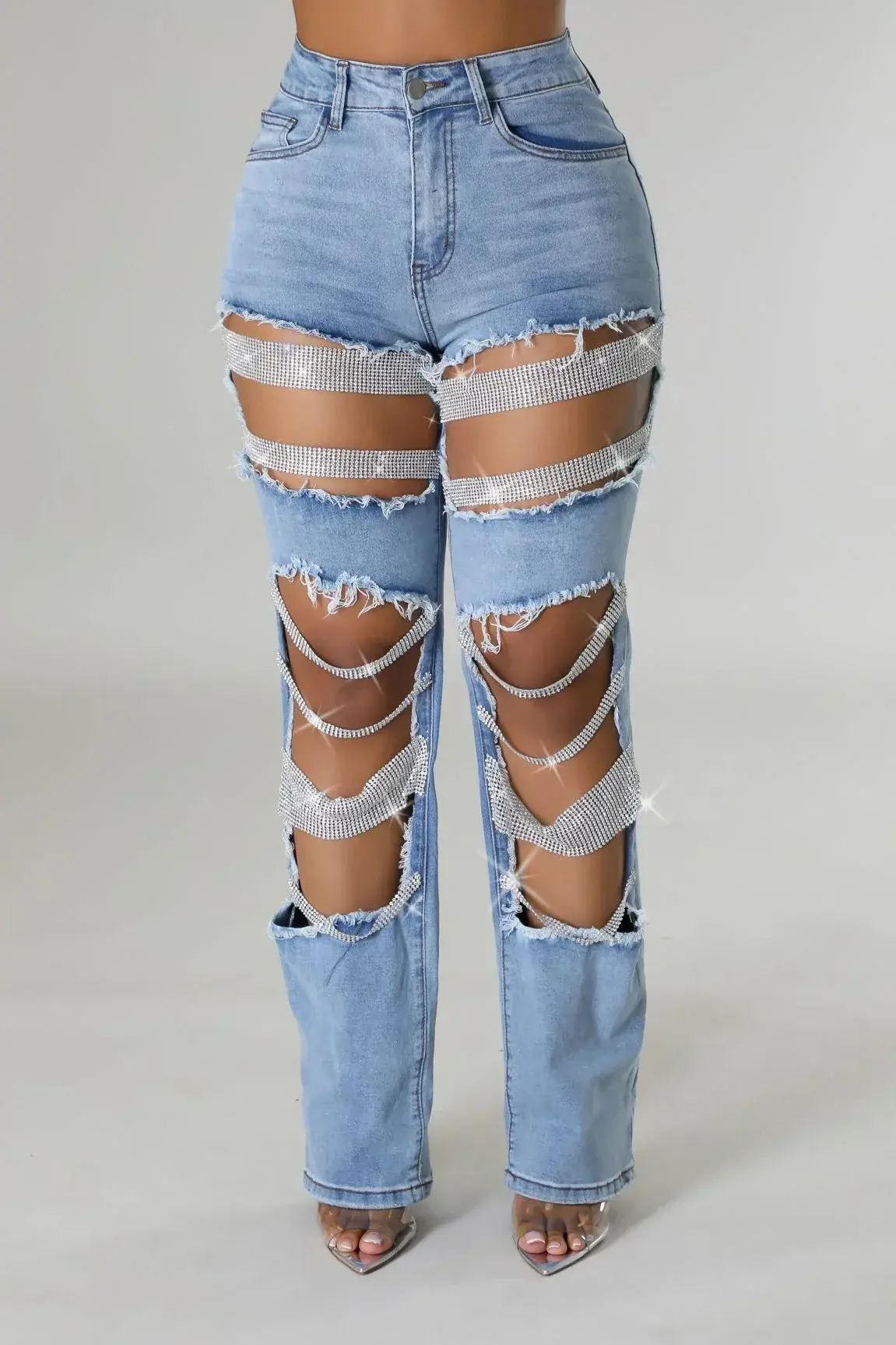 Ripped Jeans for Women Straight Pants Diamonds Chain Stretch Distressed High Waist Floor Length 2025 Streetwear Denim Trousers