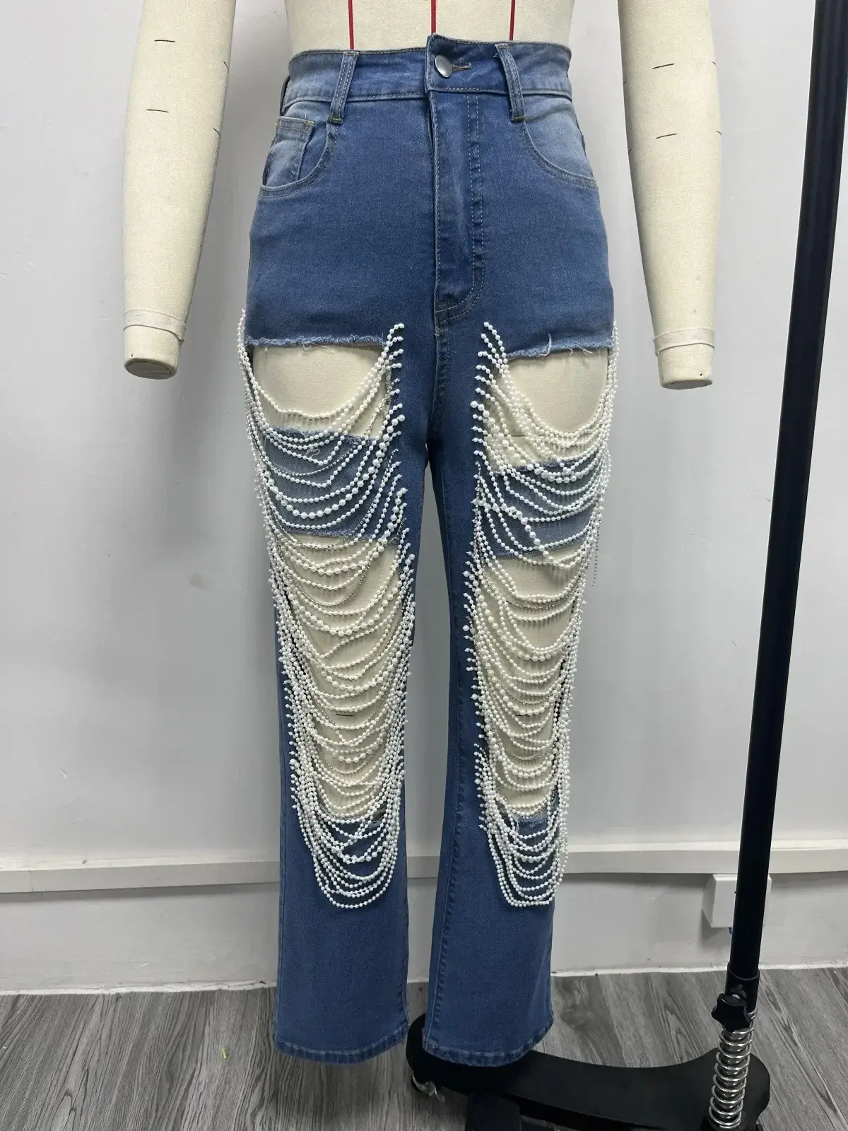 Ripped Jeans for Women Straight Pants Diamonds Chain Stretch Distressed High Waist Floor Length 2025 Streetwear Denim Trousers