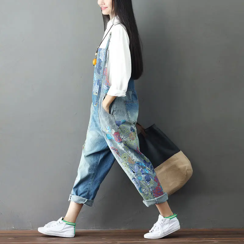 Overalls Print Women Jeans Mid Waist Ankle Length Washed Denim Pants Loose Pockets High Street Distressed Spliced Jean Cuffs