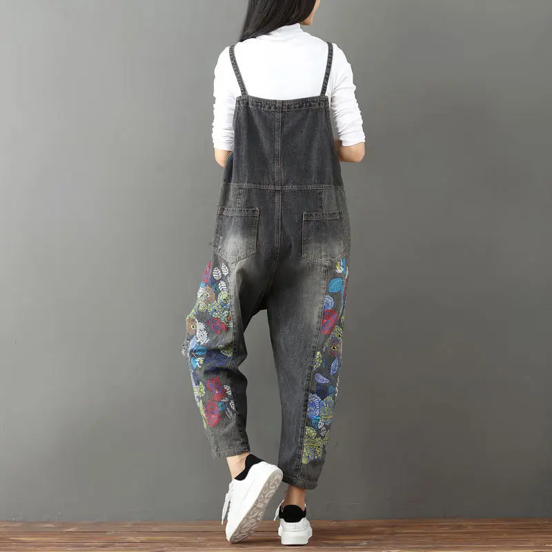 Overalls Print Women Jeans Mid Waist Ankle Length Washed Denim Pants Loose Pockets High Street Distressed Spliced Jean Cuffs