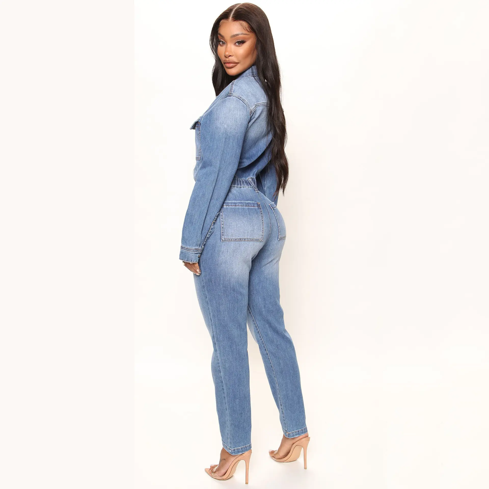 Women Jeans Jumpsuits Single Breasted Solid Denim Washing Overalls Pockets High Street Button Pencil Pants Ankle Length