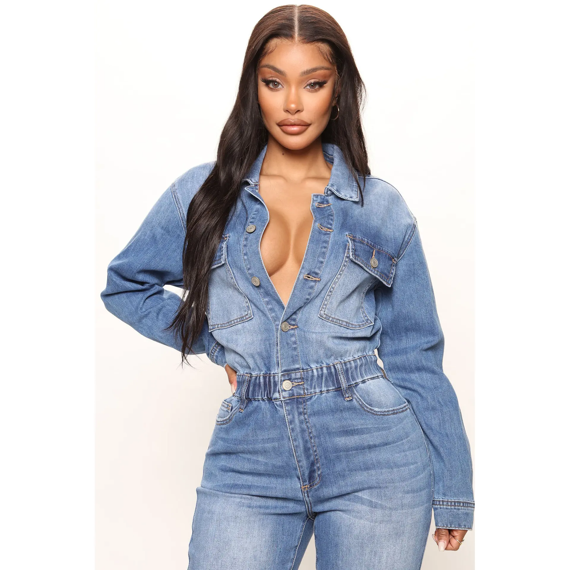 Women Jeans Jumpsuits Single Breasted Solid Denim Washing Overalls Pockets High Street Button Pencil Pants Ankle Length