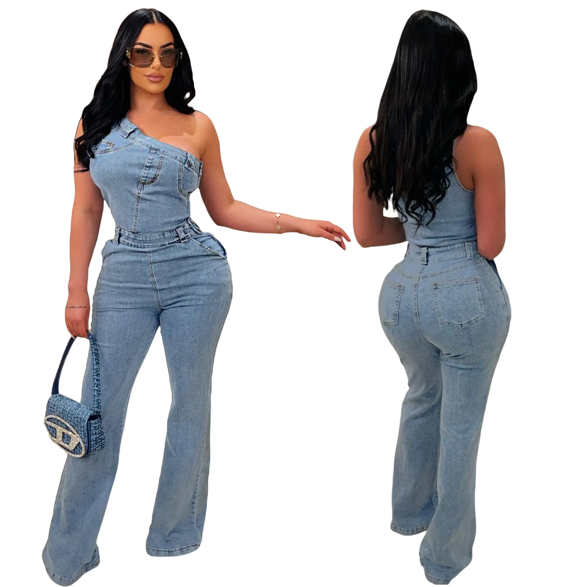 Demin Overalls Women Jumpsuits One Shoulder Mom Jeans Bodycon Long Pants Flare Pant High Waist Streetwear Y2k Slim Fit Rompers
