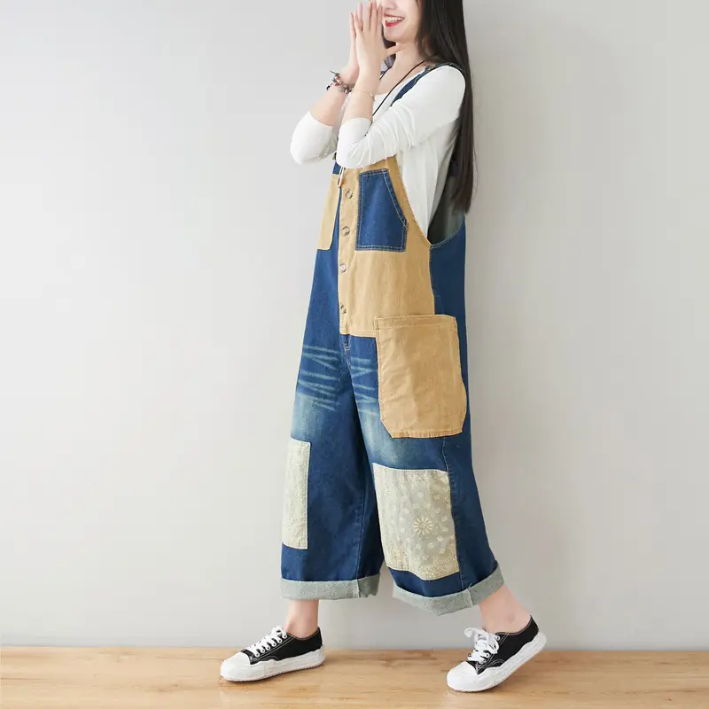 Patchwork Overalls Bleached Women Jean Straight Ankle Length Denim Pants Button High Street Loose Spliced Vintage Jeans 2024