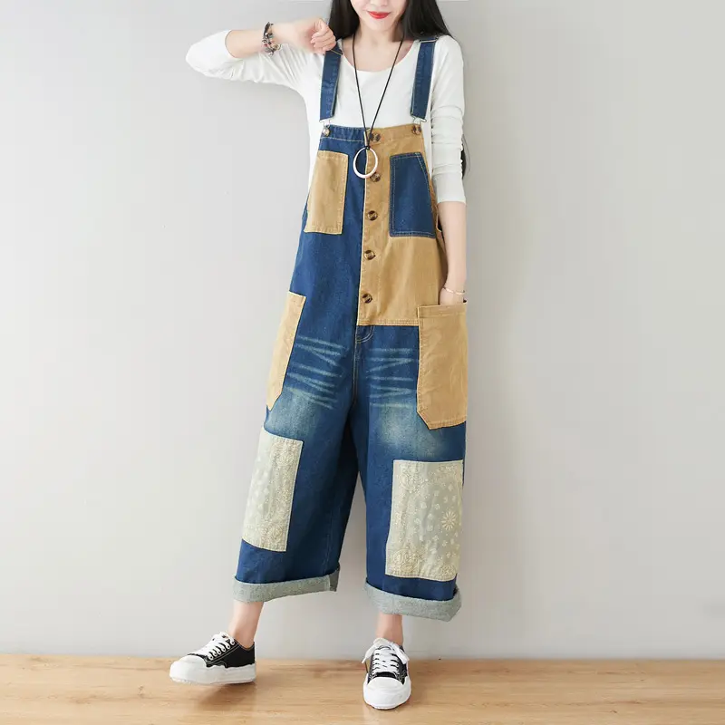 Patchwork Overalls Bleached Women Jean Straight Ankle Length Denim Pants Button High Street Loose Spliced Vintage Jeans 2024