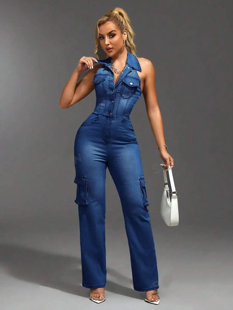 Jumpsuits Women Demin Overalls Sexy One Piece Long Pants High Waist Mom Jeans Halter Streetwear Rompers Summer Y2k Streetwear