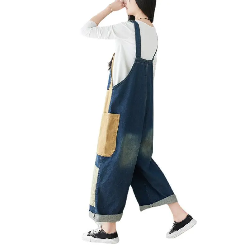 Patchwork Overalls Bleached Women Jean Straight Ankle Length Denim Pants Button High Street Loose Spliced Vintage Jeans 2024