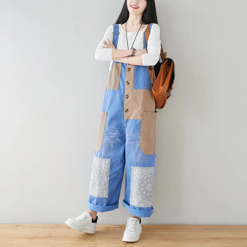 Patchwork Overalls Bleached Women Jean Straight Ankle Length Denim Pants Button High Street Loose Spliced Vintage Jeans 2024