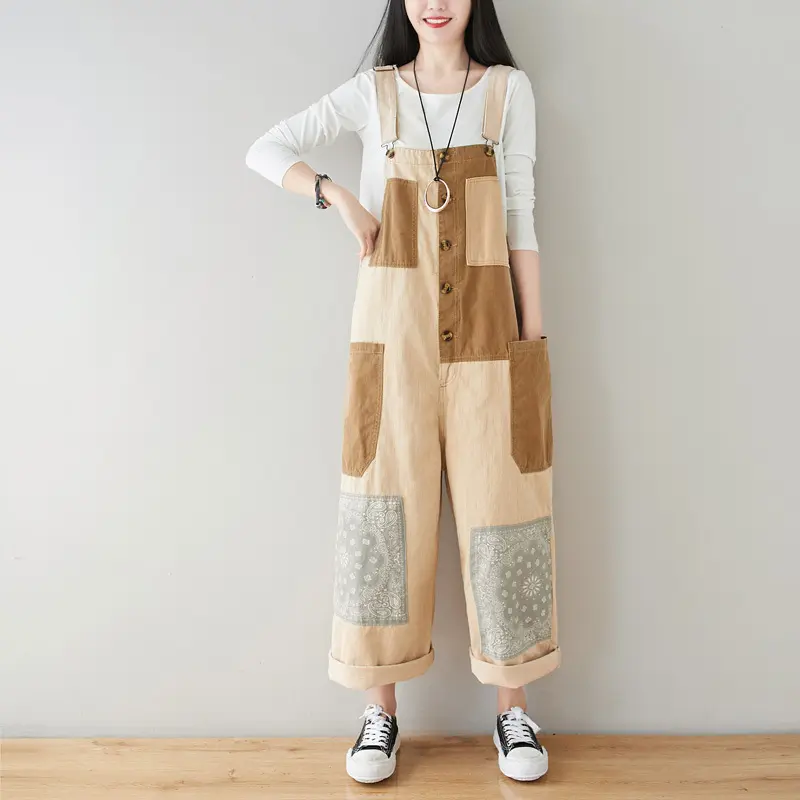 Patchwork Overalls Bleached Women Jean Straight Ankle Length Denim Pants Button High Street Loose Spliced Vintage Jeans 2024