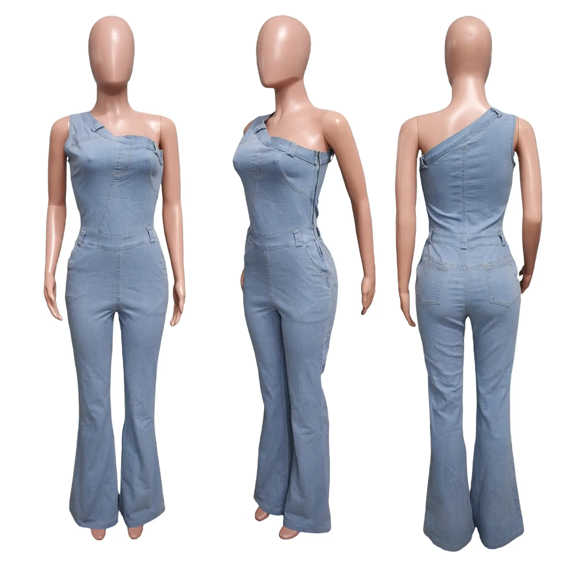 Demin Overalls Women Jumpsuits One Shoulder Mom Jeans Bodycon Long Pants Flare Pant High Waist Streetwear Y2k Slim Fit Rompers
