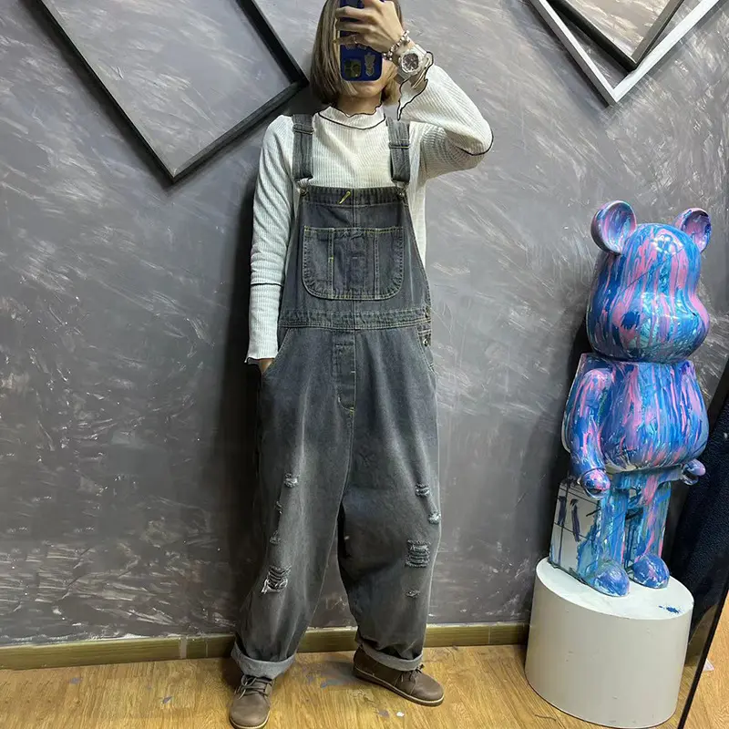 Denim Overalls Ripped Distressed Ankle Length Jeans Mid Waist Pockets Basics Washed Holes Spliced Jean Wide Leg Pants Loose