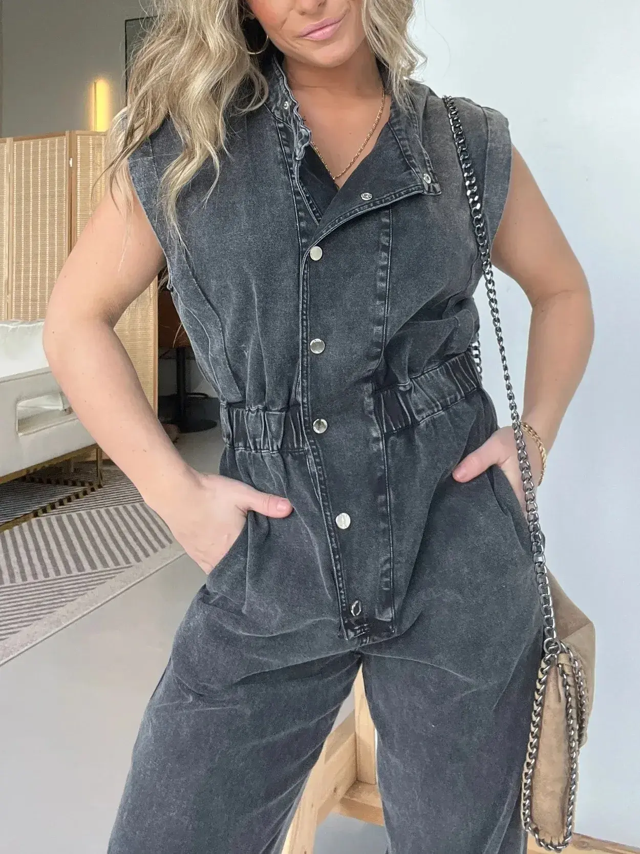 Jumpsuits Women Single Breasted Sleeveless Rompers One Piece Slim Button Mom Jeans Pencil Pants Pockets Spliced High Street