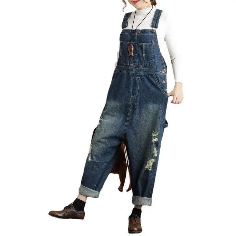 Denim Overalls Ripped Distressed Ankle Length Jeans Mid Waist Pockets Basics Washed Holes Spliced Jean Wide Leg Pants Loose