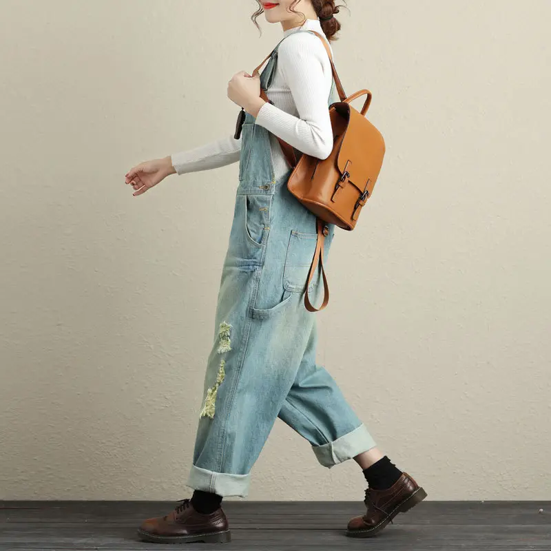 Denim Overalls Ripped Distressed Ankle Length Jeans Mid Waist Pockets Basics Washed Holes Spliced Jean Wide Leg Pants Loose