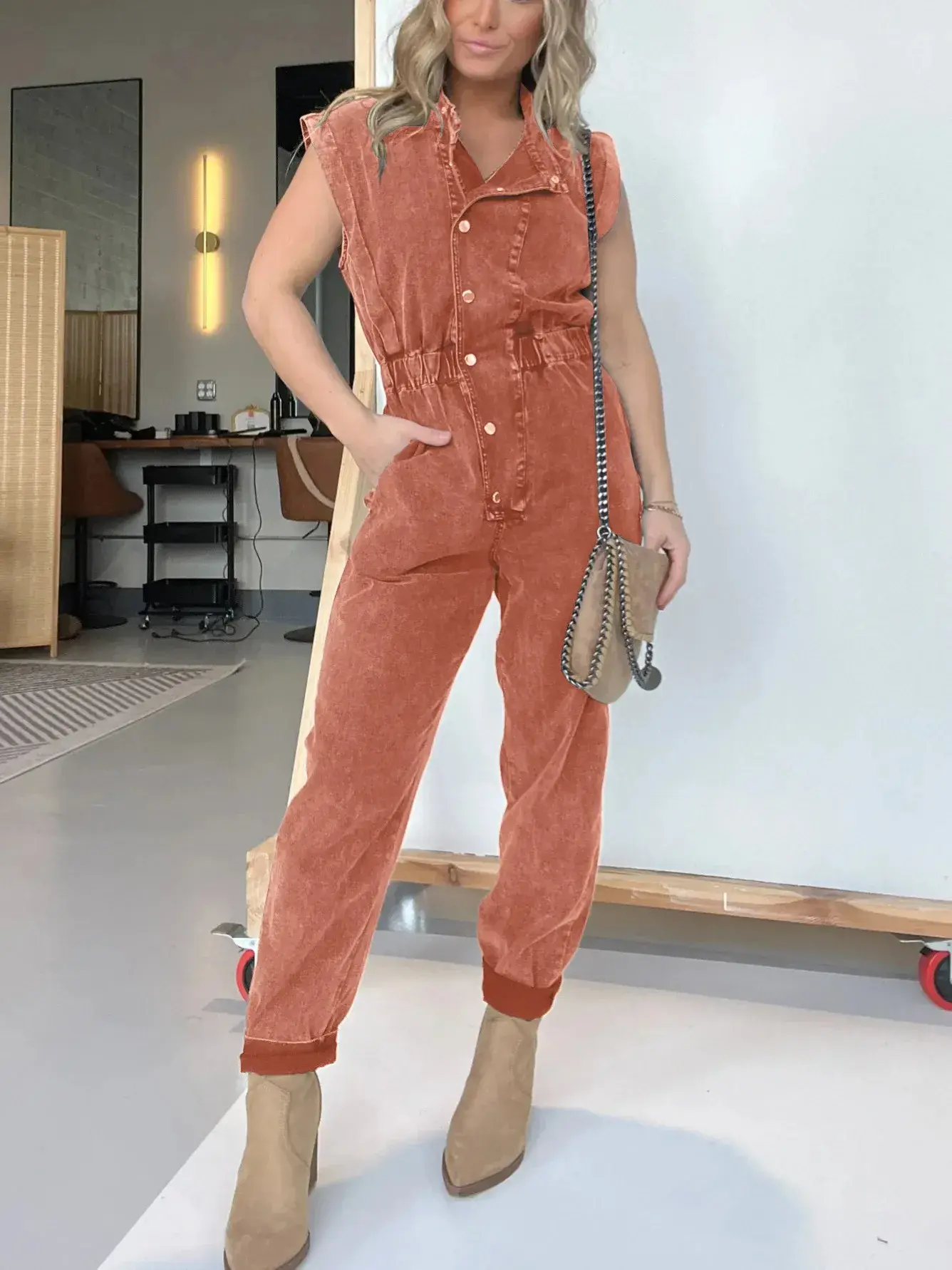 Jumpsuits Women Single Breasted Sleeveless Rompers One Piece Slim Button Mom Jeans Pencil Pants Pockets Spliced High Street