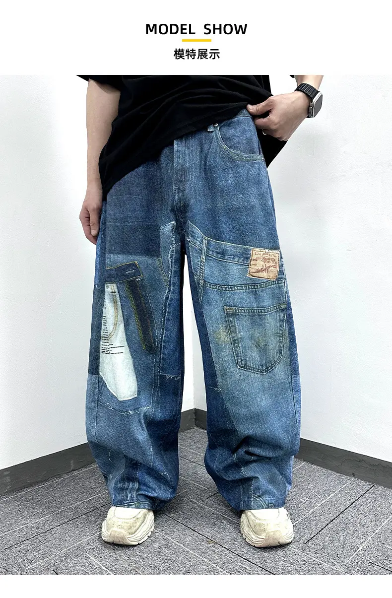 Men Denim Pant Jeans Women Wide Leg Long Pants Pocket High Waist Straight Trousers Streetwear Splice Casual Loose Punk 2025