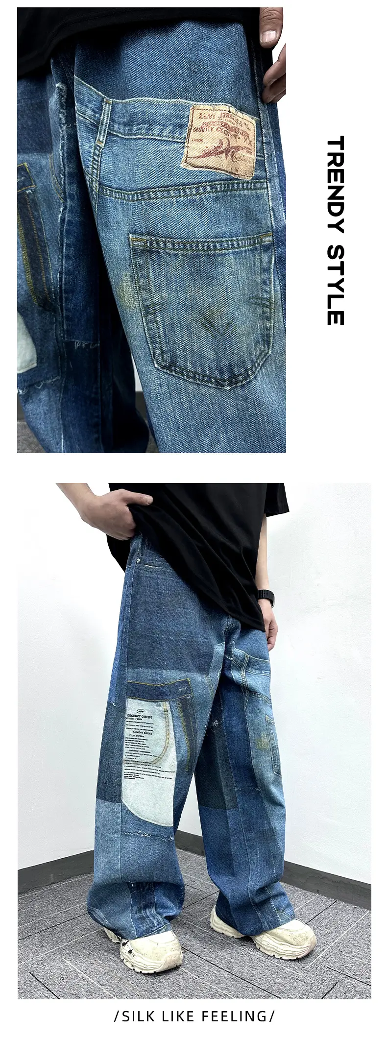 Men Denim Pant Jeans Women Wide Leg Long Pants Pocket High Waist Straight Trousers Streetwear Splice Casual Loose Punk 2025