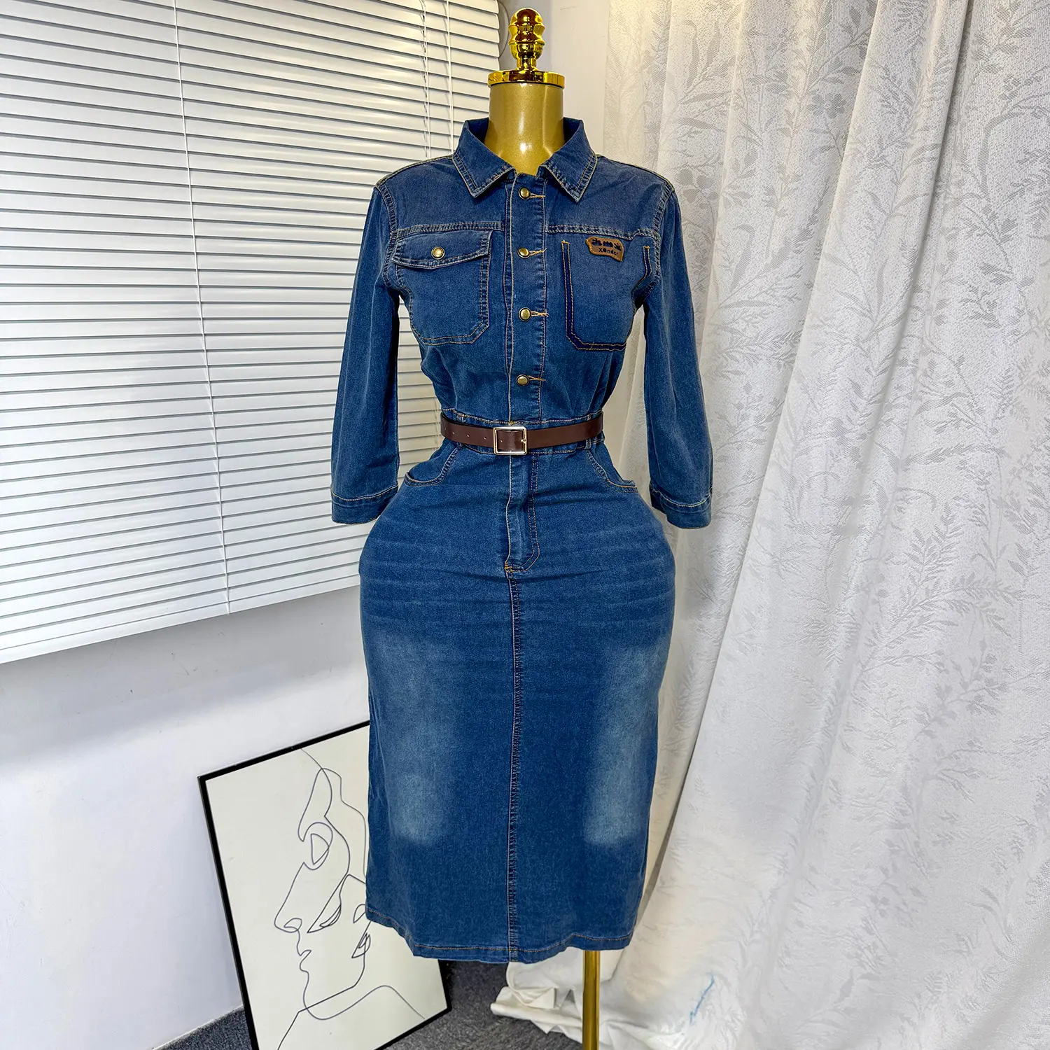 Mid Length Dress Women Denim Dresses A Line Vestidos Streetwear Full Sleeve High Waist Elegant Mom Jeans Y2k Work Summer 2025