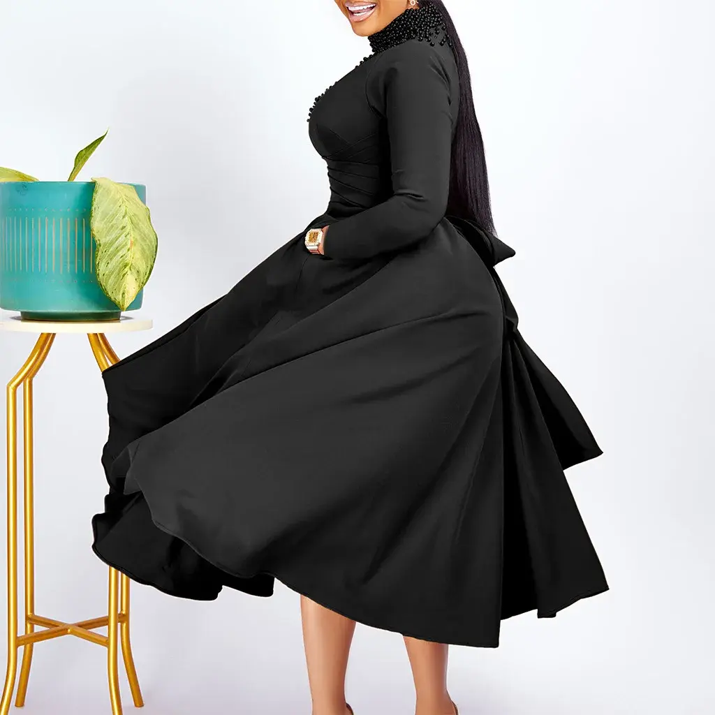 Party Dresses Women Long Sleeve Turtleneck Embroidered Flares Dress Vestidos Pullover Loose Slight Strech Winter Casual Bodycon