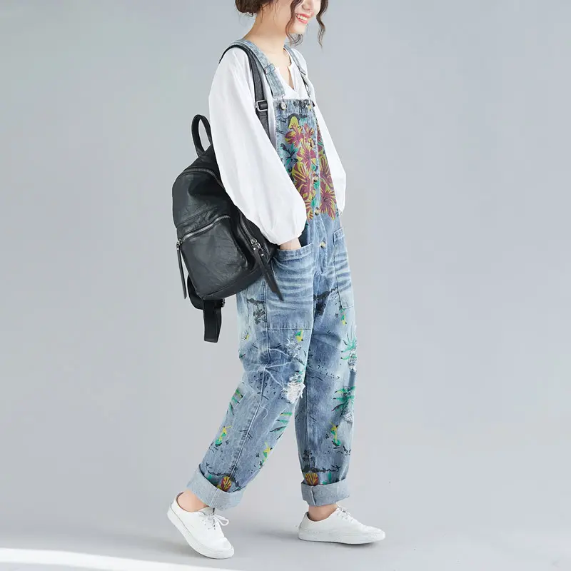 Women Jean Overalls Distressed Ripped Straight Denim Hole Pants Ankle Length Jeans Spliced Washed Button Streetwear Loose