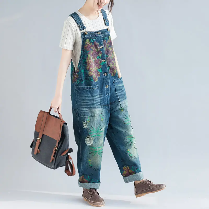 Women Jean Overalls Distressed Ripped Straight Denim Hole Pants Ankle Length Jeans Spliced Washed Button Streetwear Loose