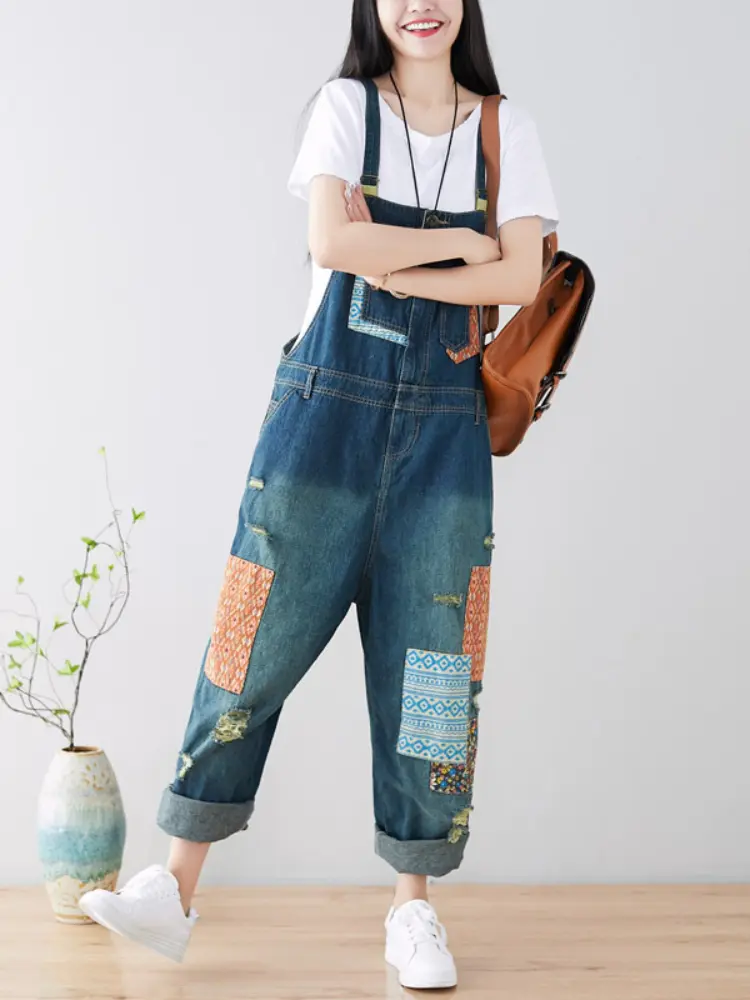Wide Leg Jeans Ripped Overalls Women Distressed Hole Denim Pants Ankle Length Jean Loose Vintage Pockets Streetwear Spliced