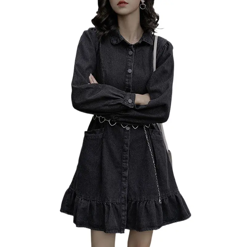 Mid Length Dress Women Denim Dresses A Line Vestidos Streetwear Turn Down Collar Full Sleeve Elegant Splice Y2k Tight Waist 2025