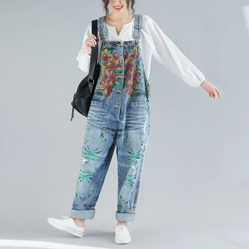 Women Jean Overalls Distressed Ripped Straight Denim Hole Pants Ankle Length Jeans Spliced Washed Button Streetwear Loose