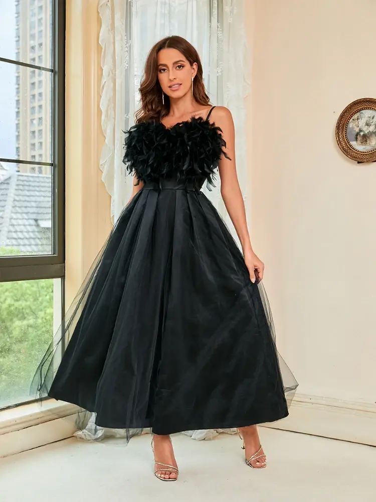 Feather Party Dress Women Sexy Elegant Lady Evening Club Sleeveless Off Shoulder Slit Long Dresses Vestidos Black Night Evening