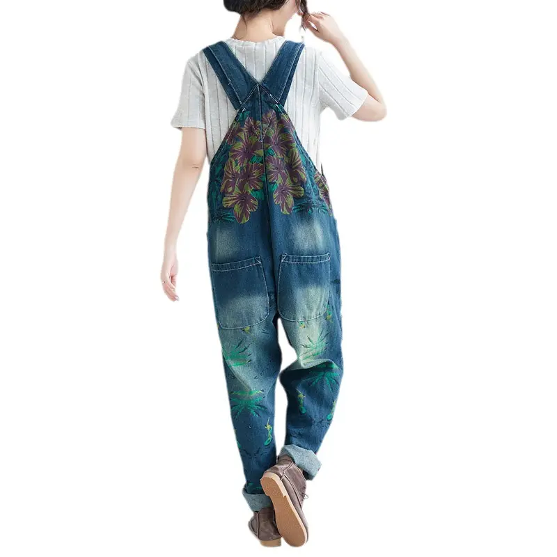 Women Jean Overalls Distressed Ripped Straight Denim Hole Pants Ankle Length Jeans Spliced Washed Button Streetwear Loose