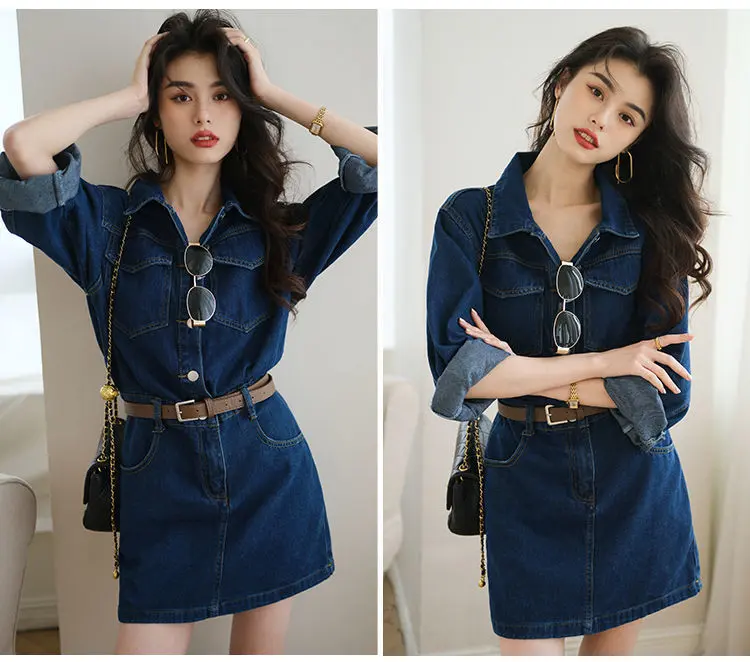 Mid Length Dress Women Denim Dresses A Line Vestidos Streetwear Turn Down Collar Full Sleeve Elegant Splice Y2k Tight Waist 2025