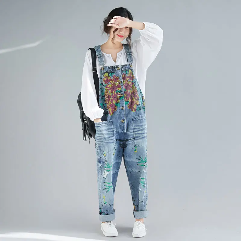 Women Jean Overalls Distressed Ripped Straight Denim Hole Pants Ankle Length Jeans Spliced Washed Button Streetwear Loose