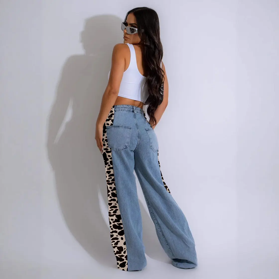 Denim Pant Women Mom Jeans Wide Leg Long Pants Leopard Print High Waist Straight Trousers Y2k Streetwear Elegant Splice Work
