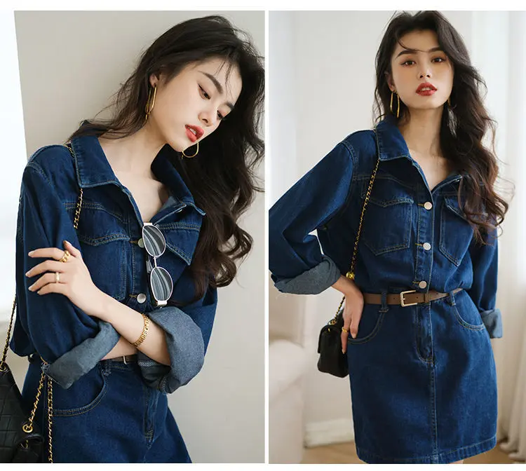 Mid Length Dress Women Denim Dresses A Line Vestidos Streetwear Turn Down Collar Full Sleeve Elegant Splice Y2k Tight Waist 2025