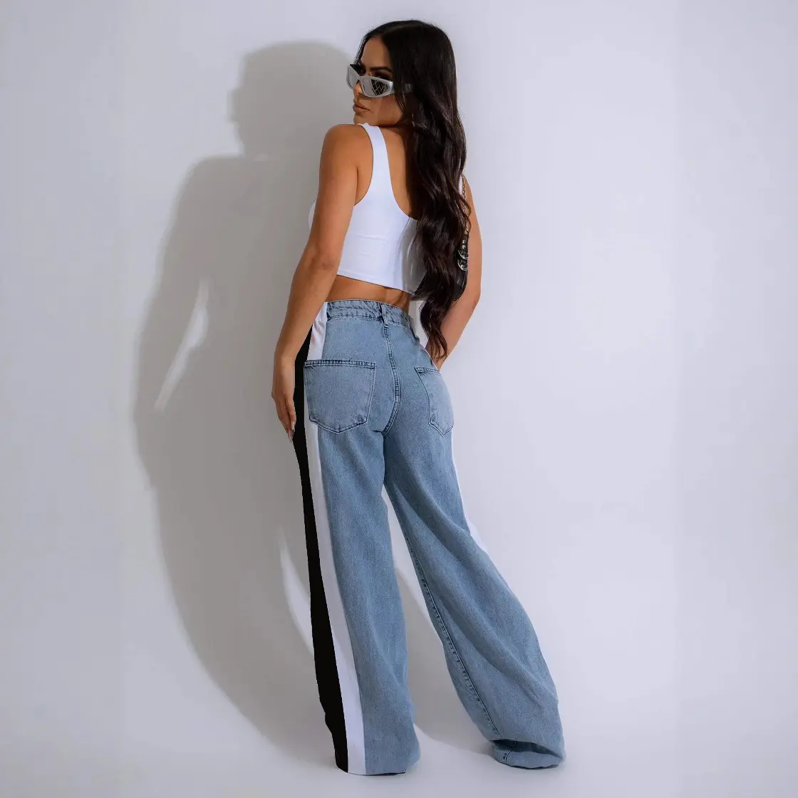 Denim Pant Women Mom Jeans Wide Leg Long Pants Leopard Print High Waist Straight Trousers Y2k Streetwear Elegant Splice Work