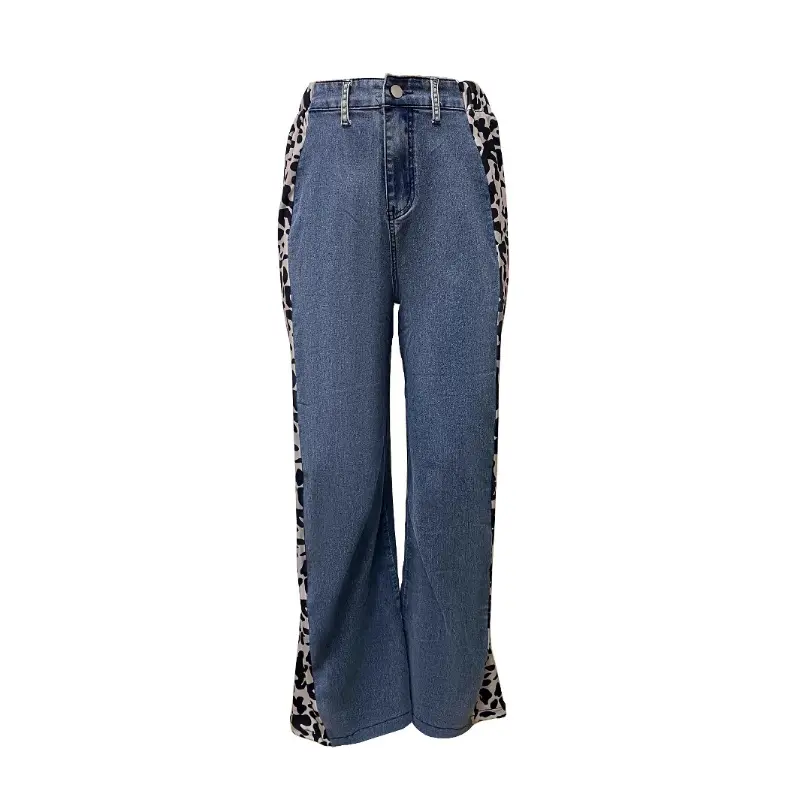 Denim Pant Women Mom Jeans Wide Leg Long Pants Leopard Print High Waist Straight Trousers Y2k Streetwear Elegant Splice Work
