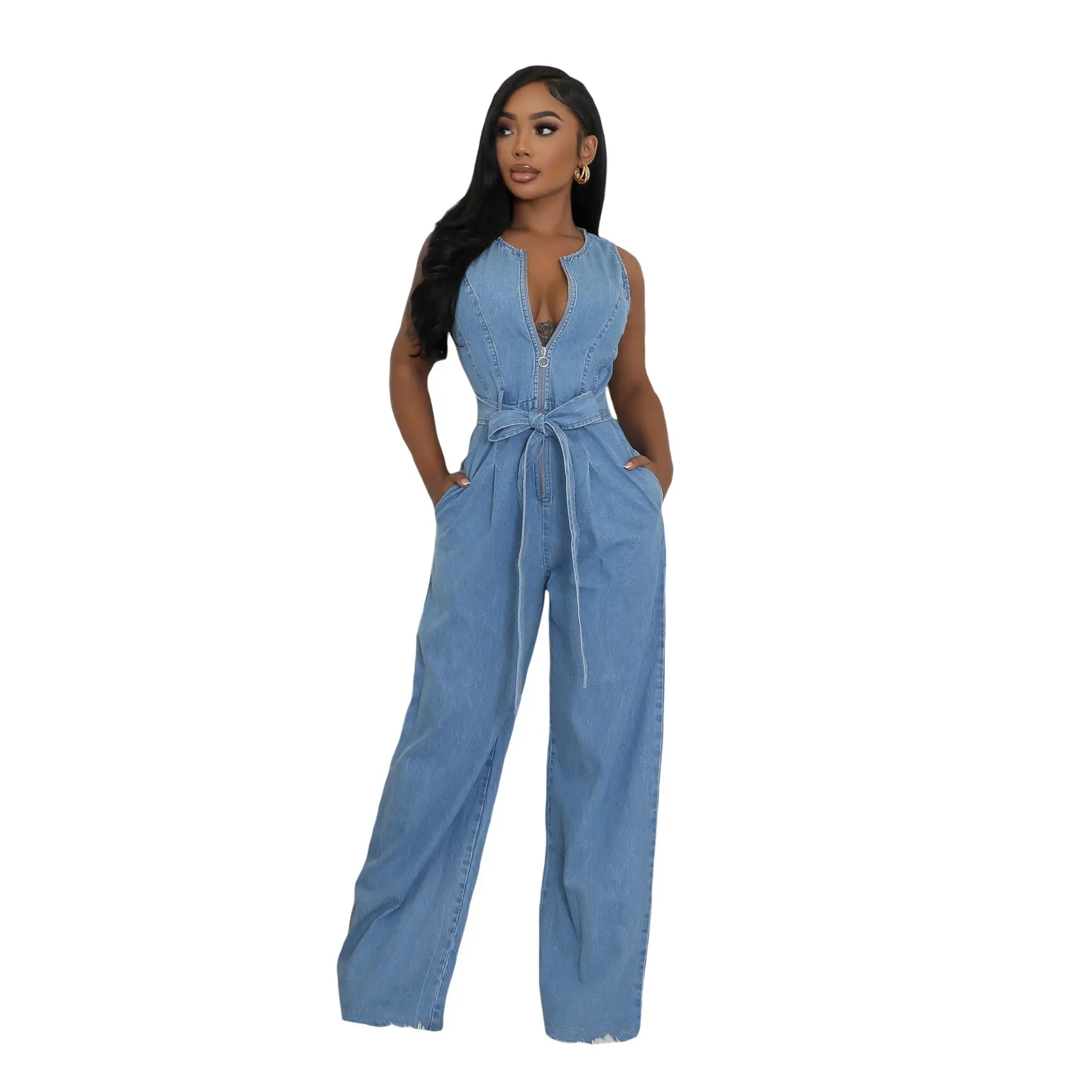 Demin Overalls Women Jumpsuits Sleeveless One Piece Long Pants Lace Up High Waist Streetwear Y2k Rompers Party Club Mom Jeans
